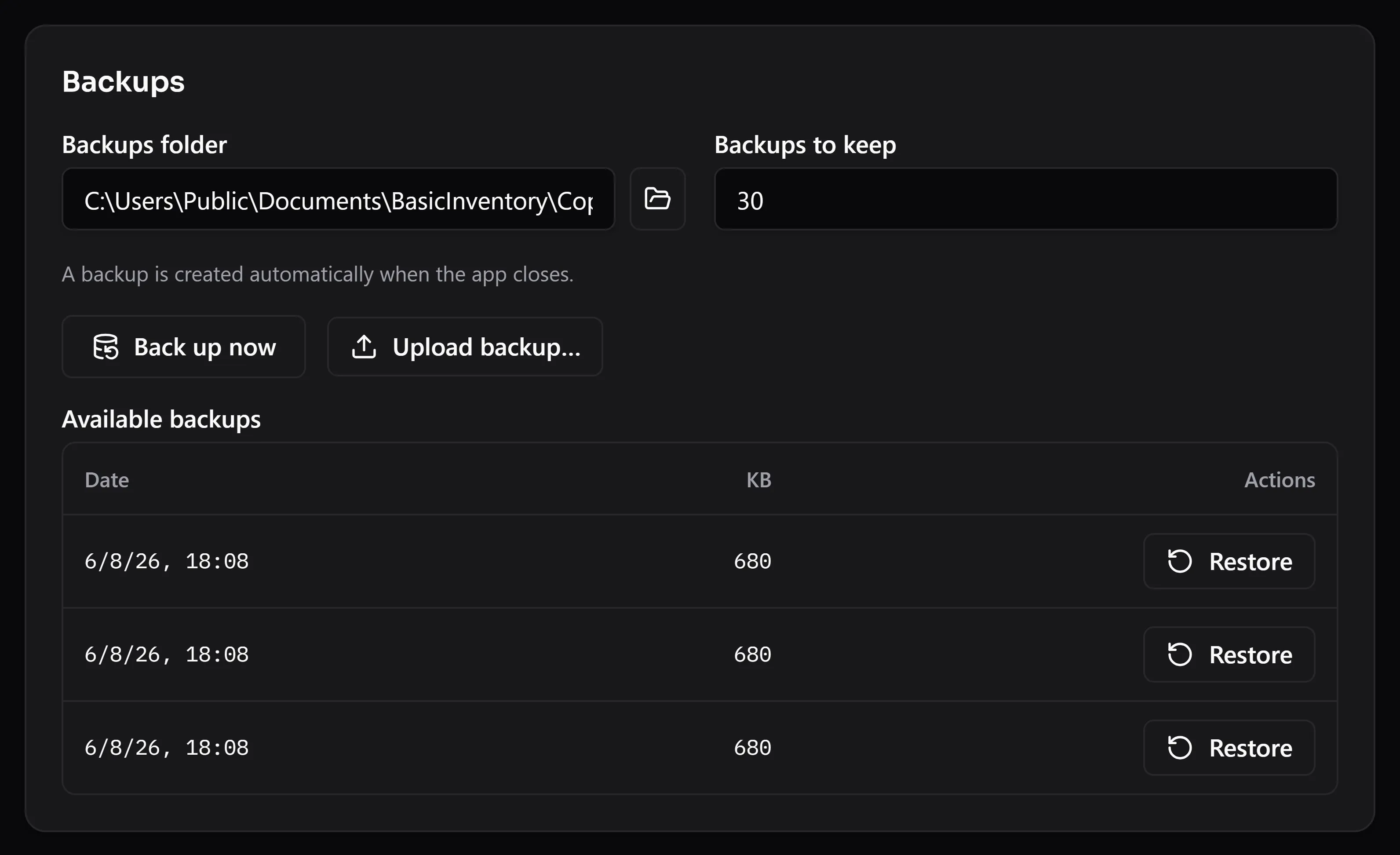 The backups screen — your inventory is a file you own and can copy anywhere