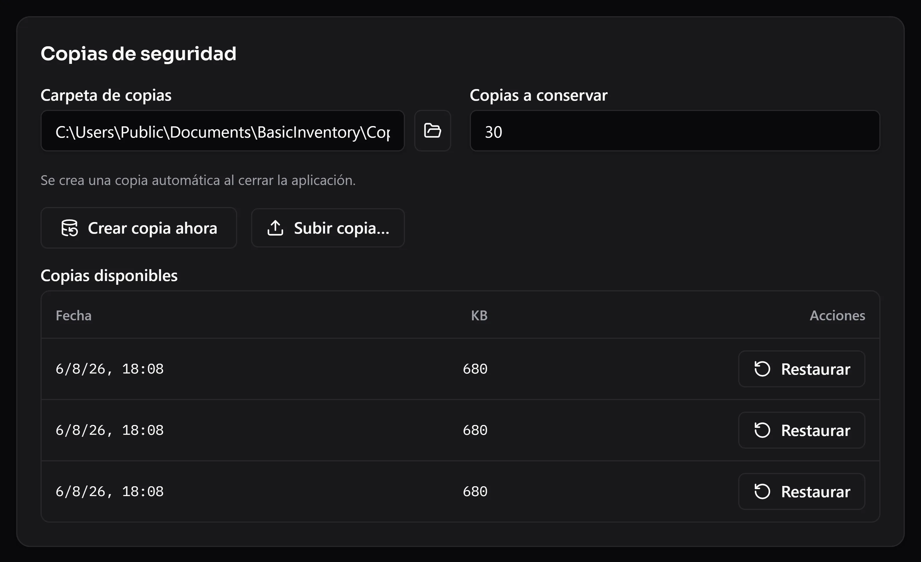 La pantalla de copias: una copia local consistente, hecha con la app abierta