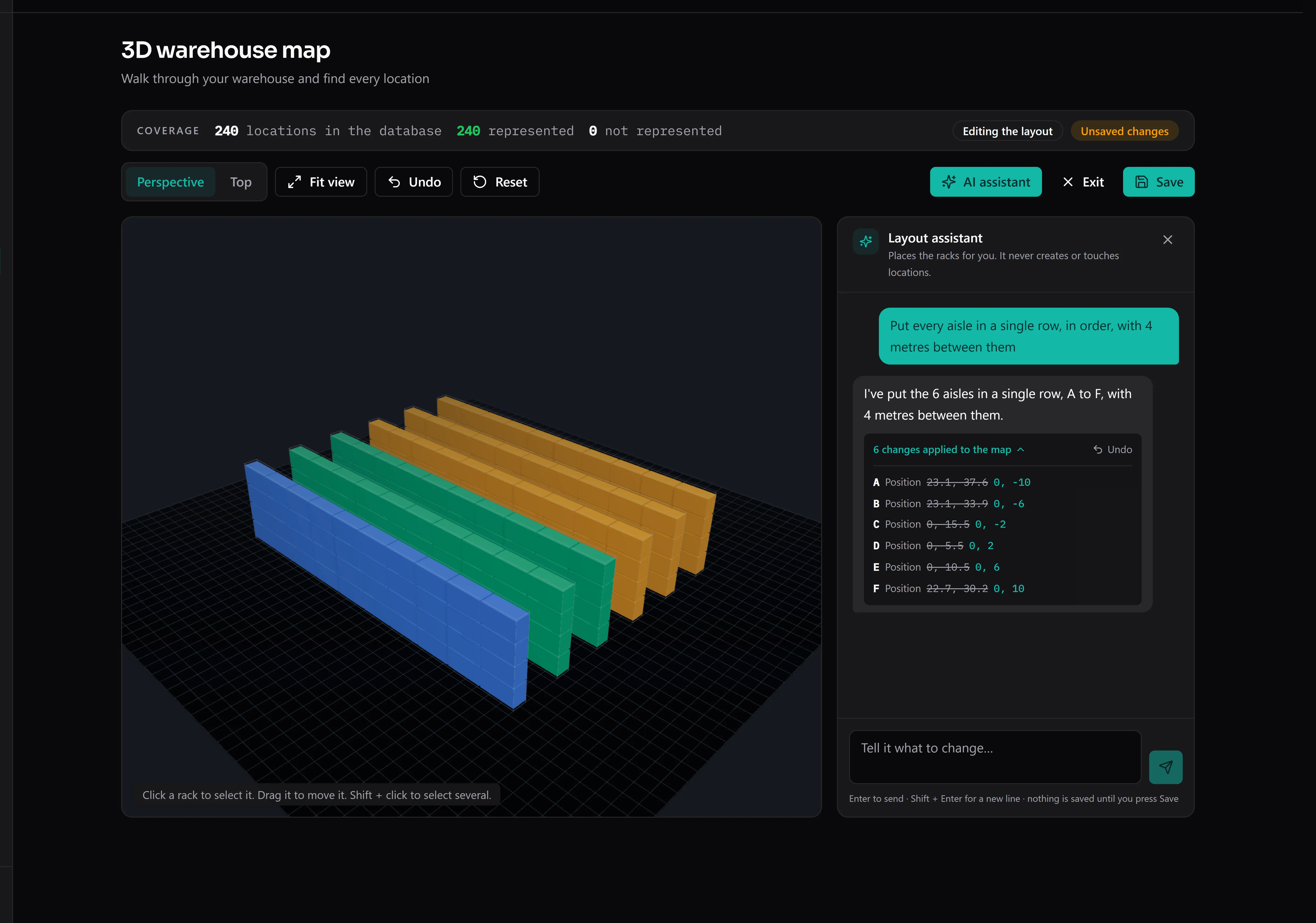 The layout assistant beside the 3D map: a request in plain language and the change already applied